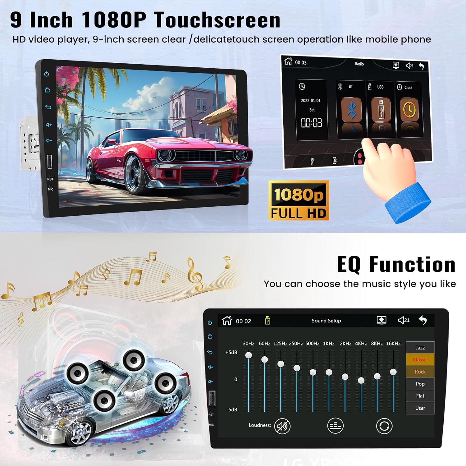 9 Inch Touchscreen Single Din Car Stereo with Wireless Carplay Android Auto Backup Camera D385060