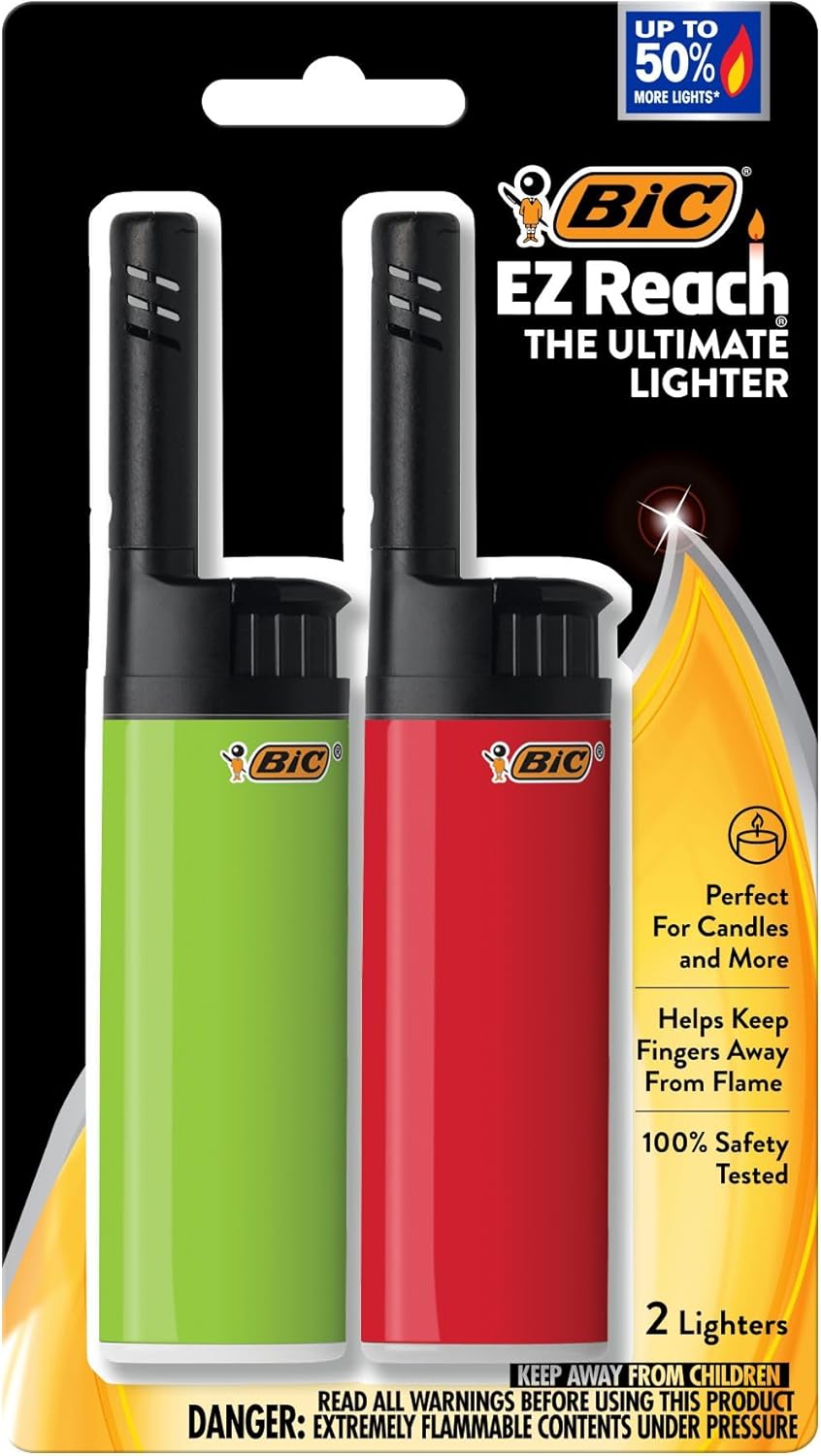 BIC EZ Reach Lighters with Extended Wands, 4-1/4"H x 1" W x 1/2" D, Assorted Colors, Pack of 2 Lighters
