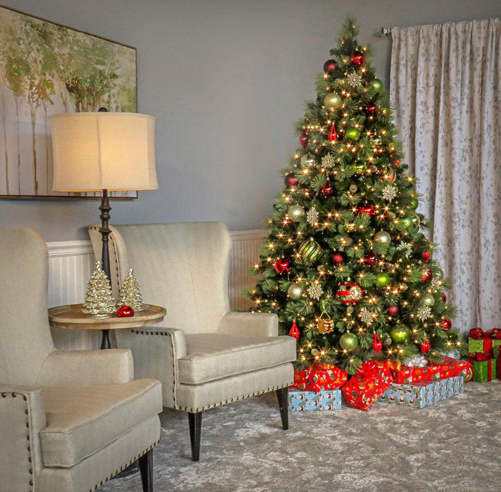 Artificial Holiday Prelit Christmas Tree with 750 Clear Lights, Pinecones, and Metal Stand A566715