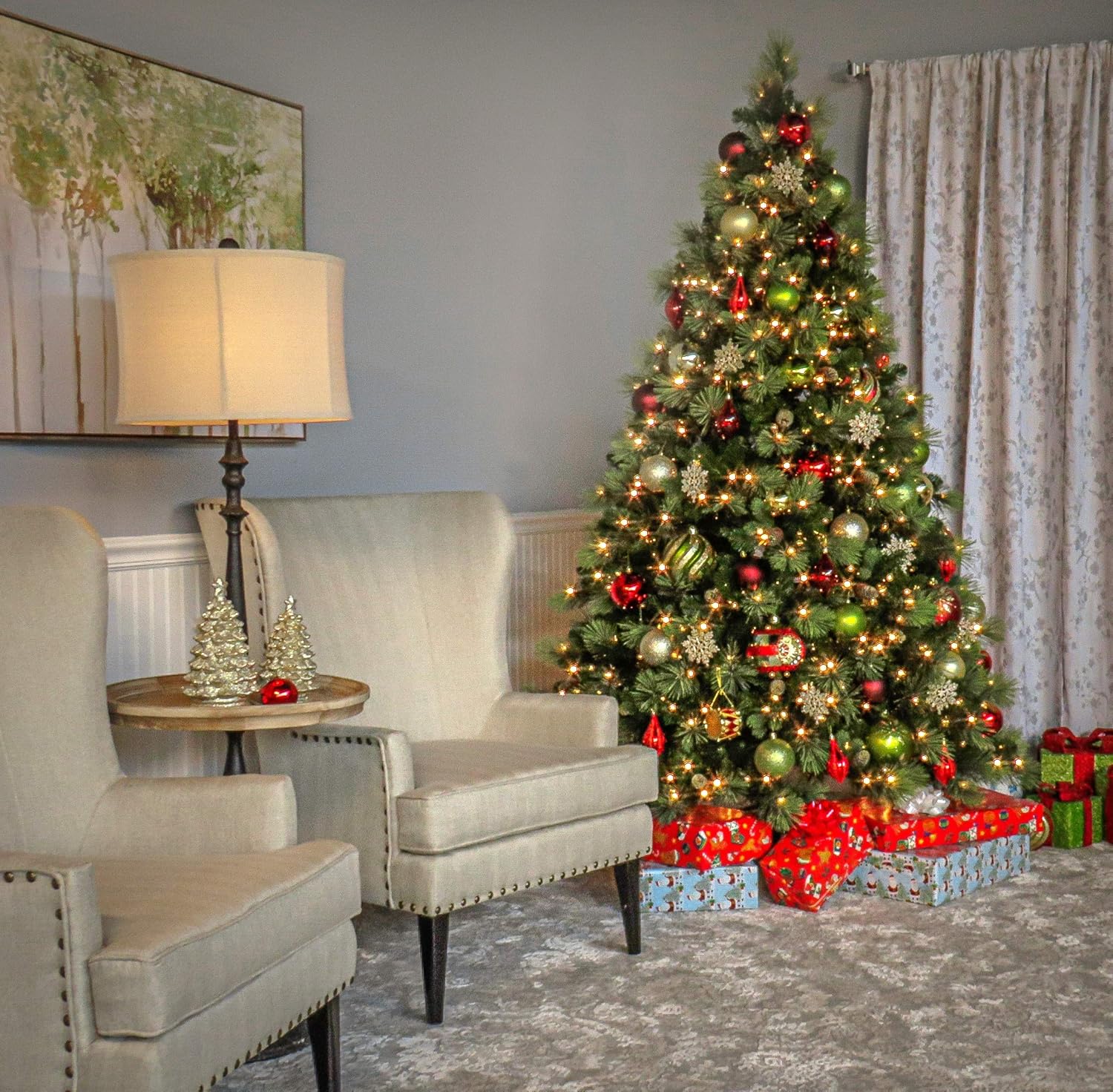 Artificial Holiday Prelit Christmas Tree with 750 Clear Lights, Pinecones, and Metal Stand A566715