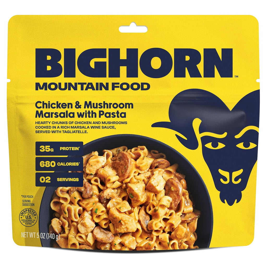 BIGHORN Mountain Food Chicken and Mushroom Marsala with Noodles - premium freeze dried meals for backpacking food - dehydrated camping food for backpacking meals - ideal camping meals just add water - great taste - 2 servings