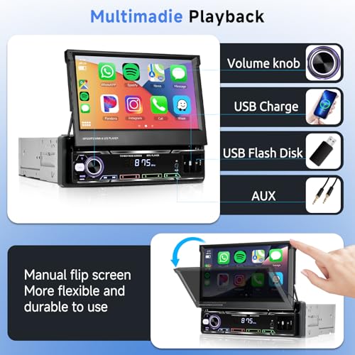 Single Din Car Stereo with Wireless Carplay, 7" Flip Out Touchscreen, Bluetooth, Backup Camera N6782