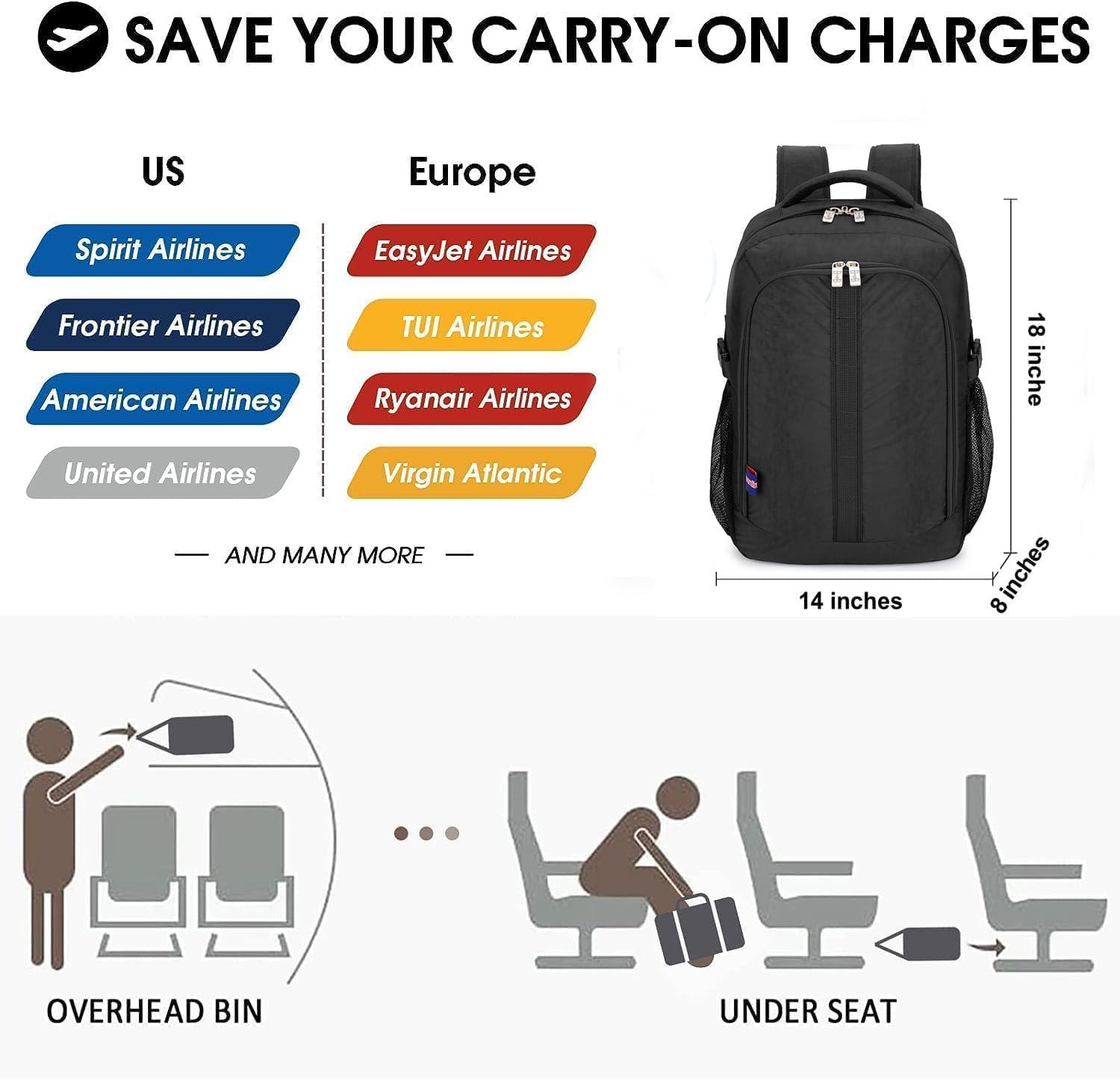 Under-Seat Backpack for Air Travel, Fits 18 x 13 x 8 Inches F3236