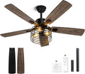 52 Inch Farmhouse Ceiling Fan with Light and Remote,3-Lights Rustic Ceiling Fan with Caged Ceiling Fan,5 Dual Finish Blades,Industrial Black Ceiling Fan for Bedroom, Patio, Living Room