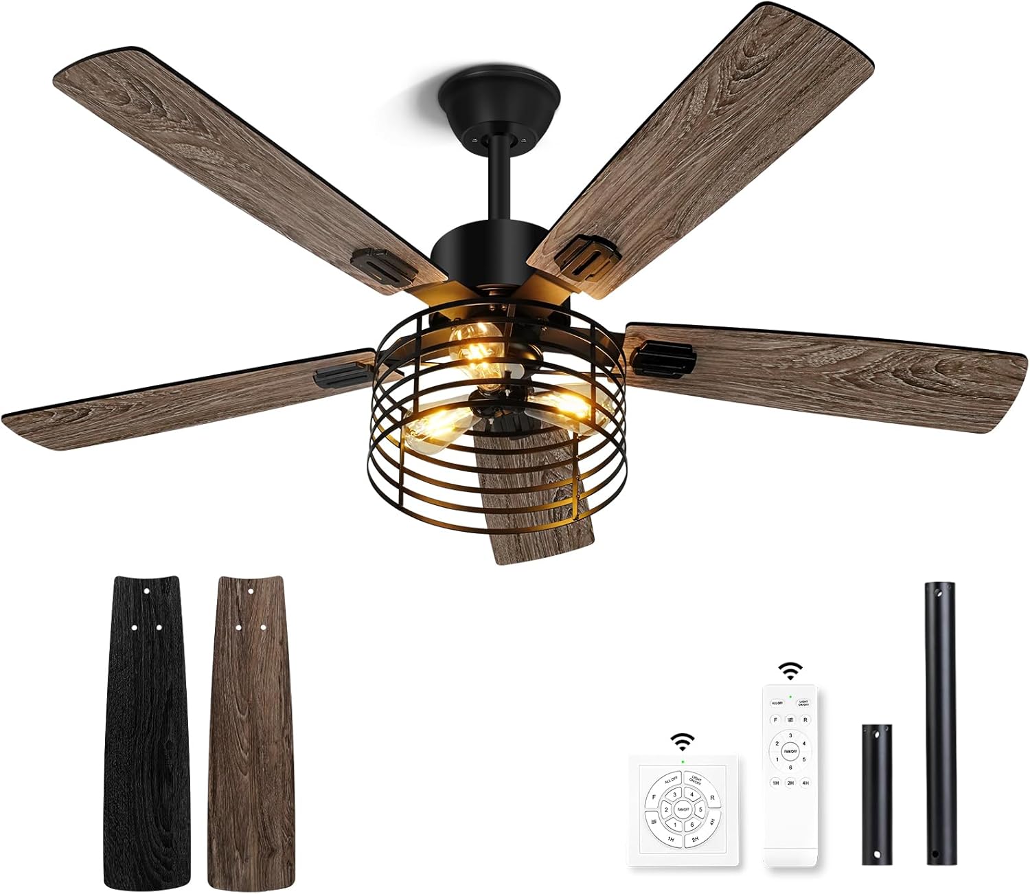 52 Inch Farmhouse Ceiling Fan with Light and Remote,3-Lights Rustic Ceiling Fan with Caged Ceiling Fan,5 Dual Finish Blades,Industrial Black Ceiling Fan for Bedroom, Patio, Living Room