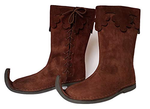 AnNafi Medieval Brown Leather Boots | Men's Side Lace Knee High Boots | Renaissance Inspired Loafer Boot| Halloween Caribbean Pirate Costume Boots | Re-Enactment Viking Mens Shoes| SCA LARP Riding Costume Boot for Cosplay