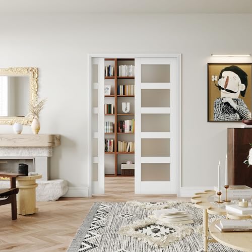 Sliding Pocket Door 60" x 80" with 5 Frosted Glass Panels, White Primed P361