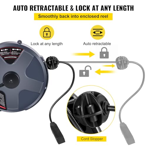 Retractable Extension Cord Reel 50 FT Heavy Duty Power Cord with Lighted Triple Tap Outlet H688258