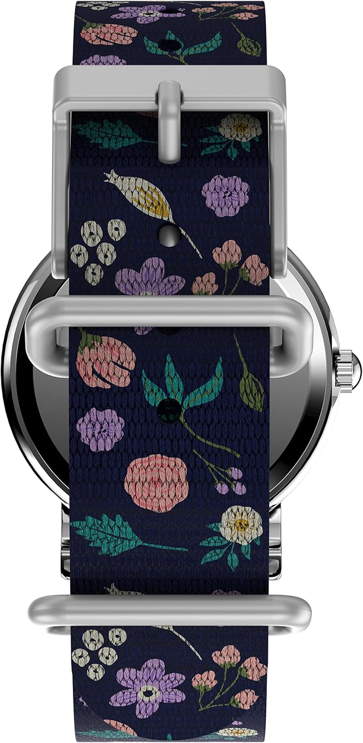 Womens Casual Wristwatch with Floral Motif, Silver-Tone Case and Blue Fabric Strap J100