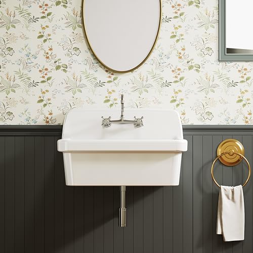 ELLAI White Ceramic Farmhouse Kitchen Sink 24"x19"x16.5" Farm Style Wall Mount Utility Sink High Back Floating Bathroom Sink Wall Mounted Laundry Sink with 8 Inch Center Faucet Chrome with Soap Tray