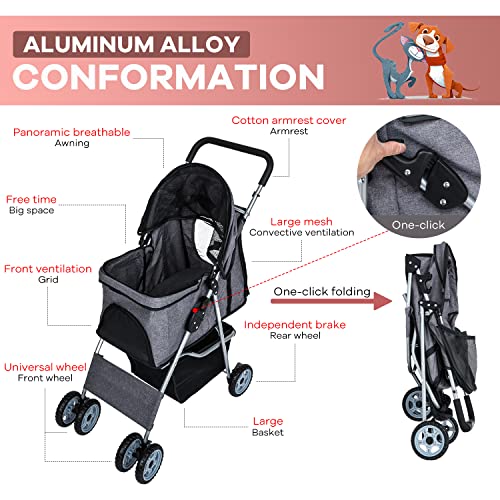 Dog Stroller 4-Wheel Folding Travel Carrier for Small-Medium Dogs and Cats Q7597