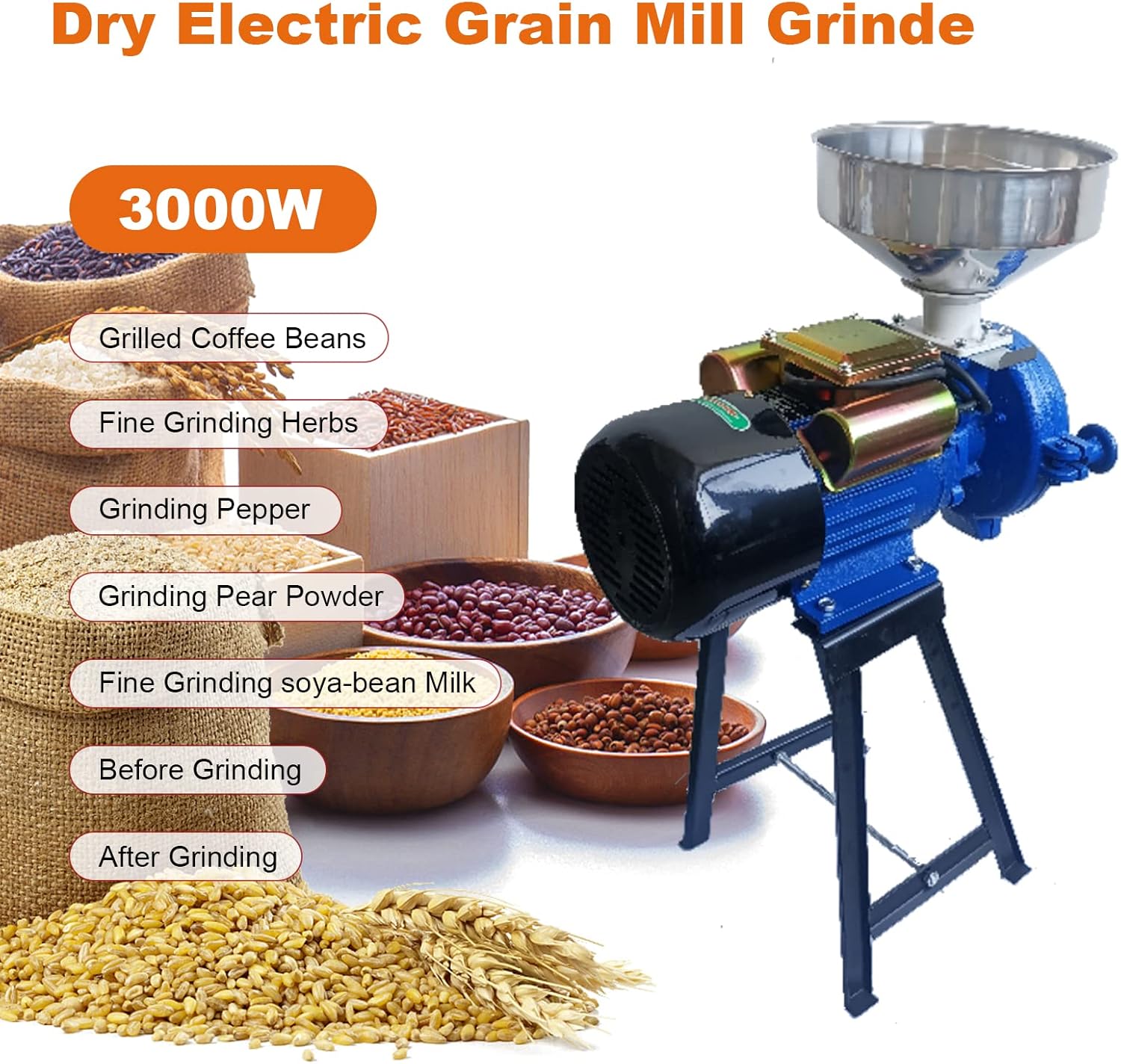 Electric Grain Mill Grinder 110V 3000W Commercial Feed Wheat Flour Machine with Funnel J537