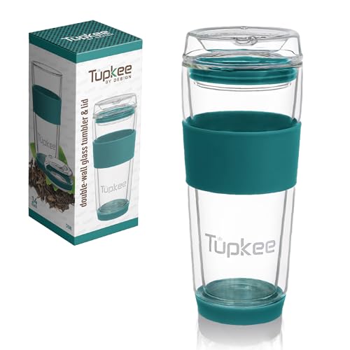 Tupkee Double Wall Glass Tumbler - 14-Ounce, All Glass Reusable Insulated Tea/Coffee Mug & Lid, Hand Blown Glass Travel Mug - Niagara