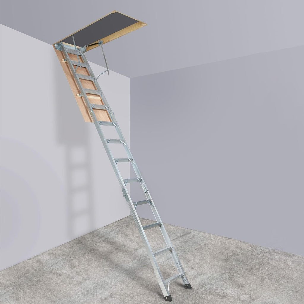 Attic Ladder Foldable, 350-pound Capacity, Aluminum, Fits 9.5'-12' Ceiling Heights I77732