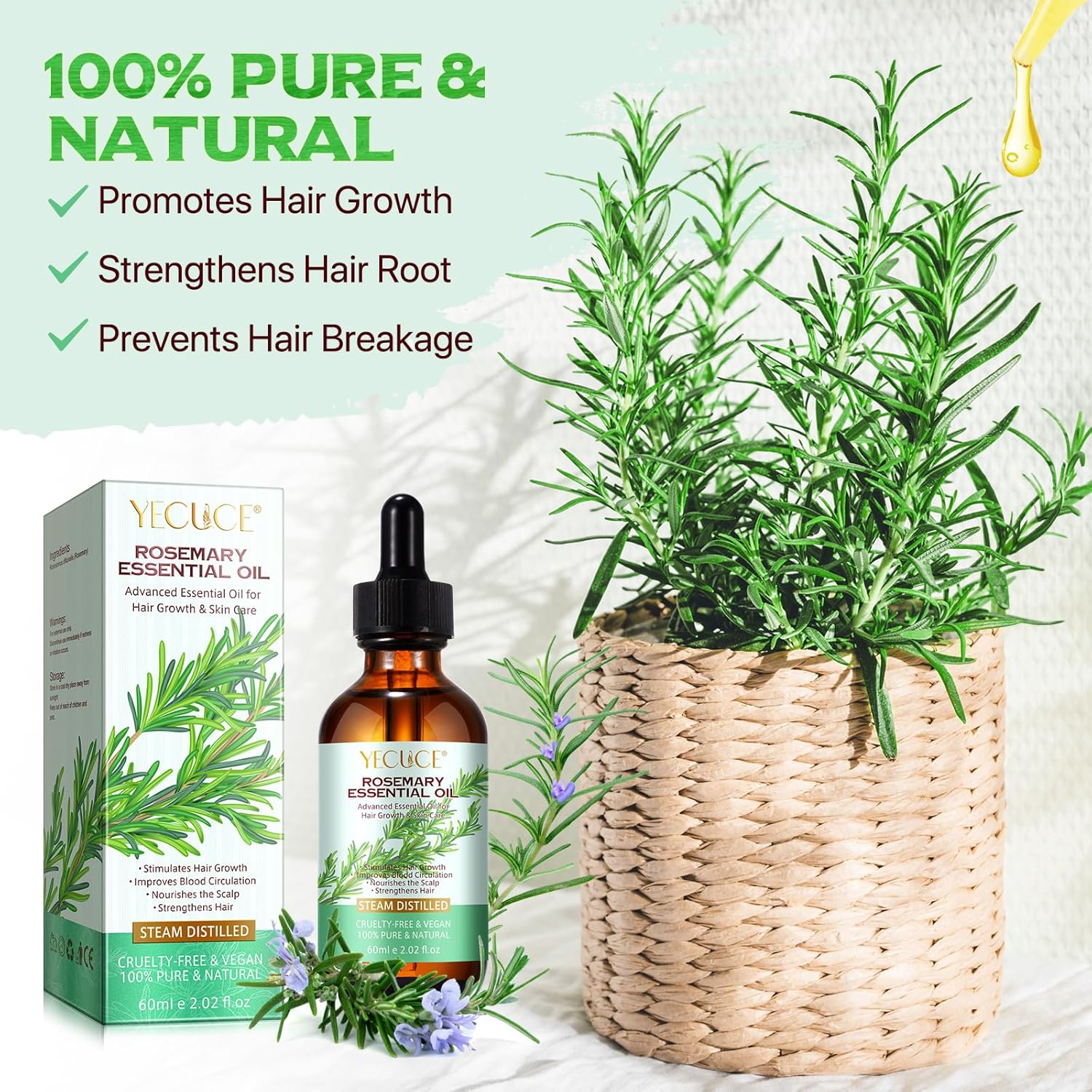 Rosemary Essential Oil with Glass Dropper for Hair, Skin, and Aromatherapy F7826