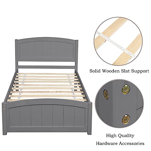Twin Platform Bed Wood Frame with Headboard and Footboard, Wood Slat Support, No Box-Spring Needed U6068