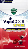 Vicks VapoCool Severe Medicated Sore Throat Drops, Max Strength Menthol, Soothes Sore Throat Pain, Cherry Flavor, 45ct