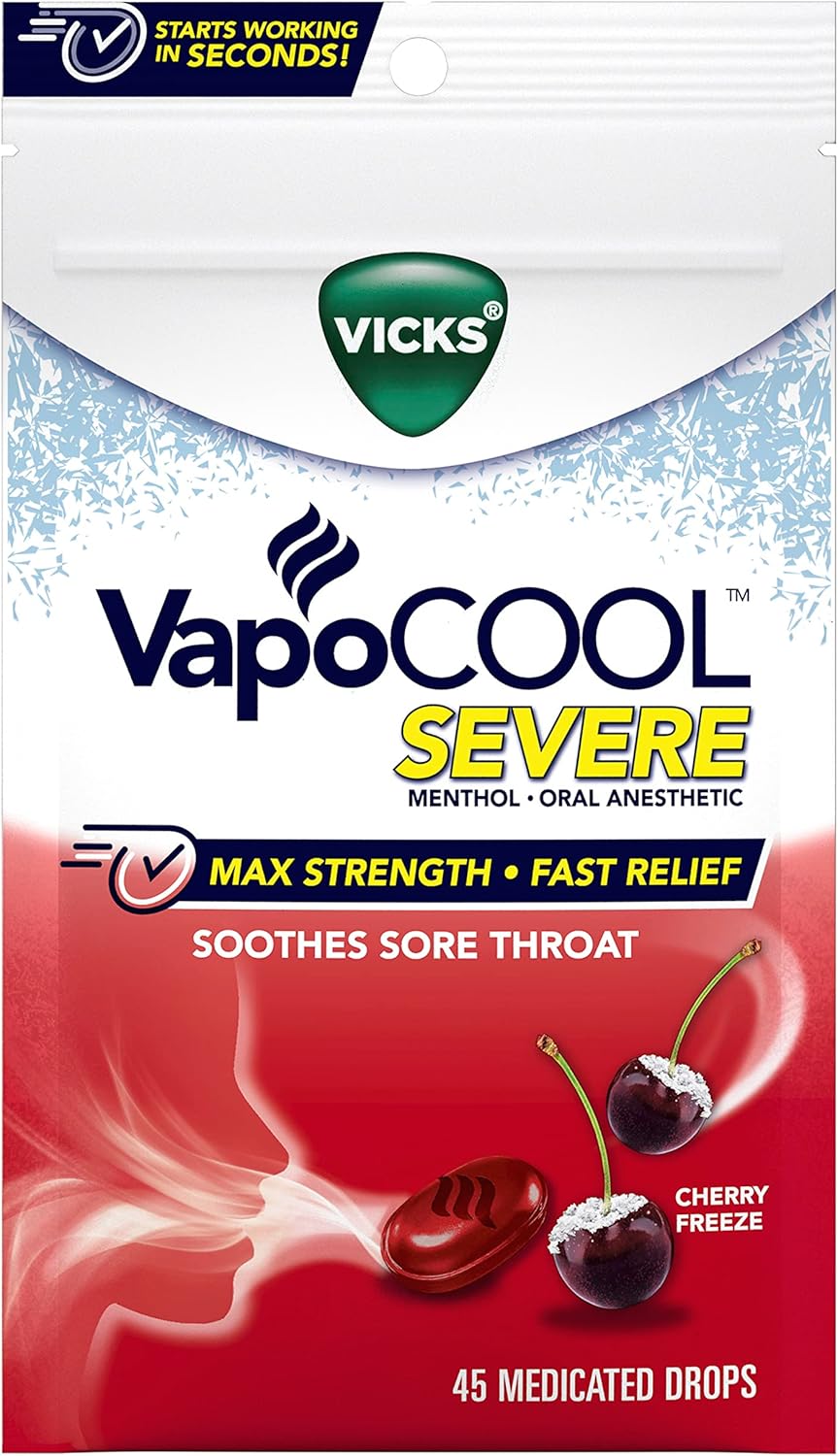 Vicks VapoCool Severe Medicated Sore Throat Drops, Max Strength Menthol, Soothes Sore Throat Pain, Cherry Flavor, 45ct