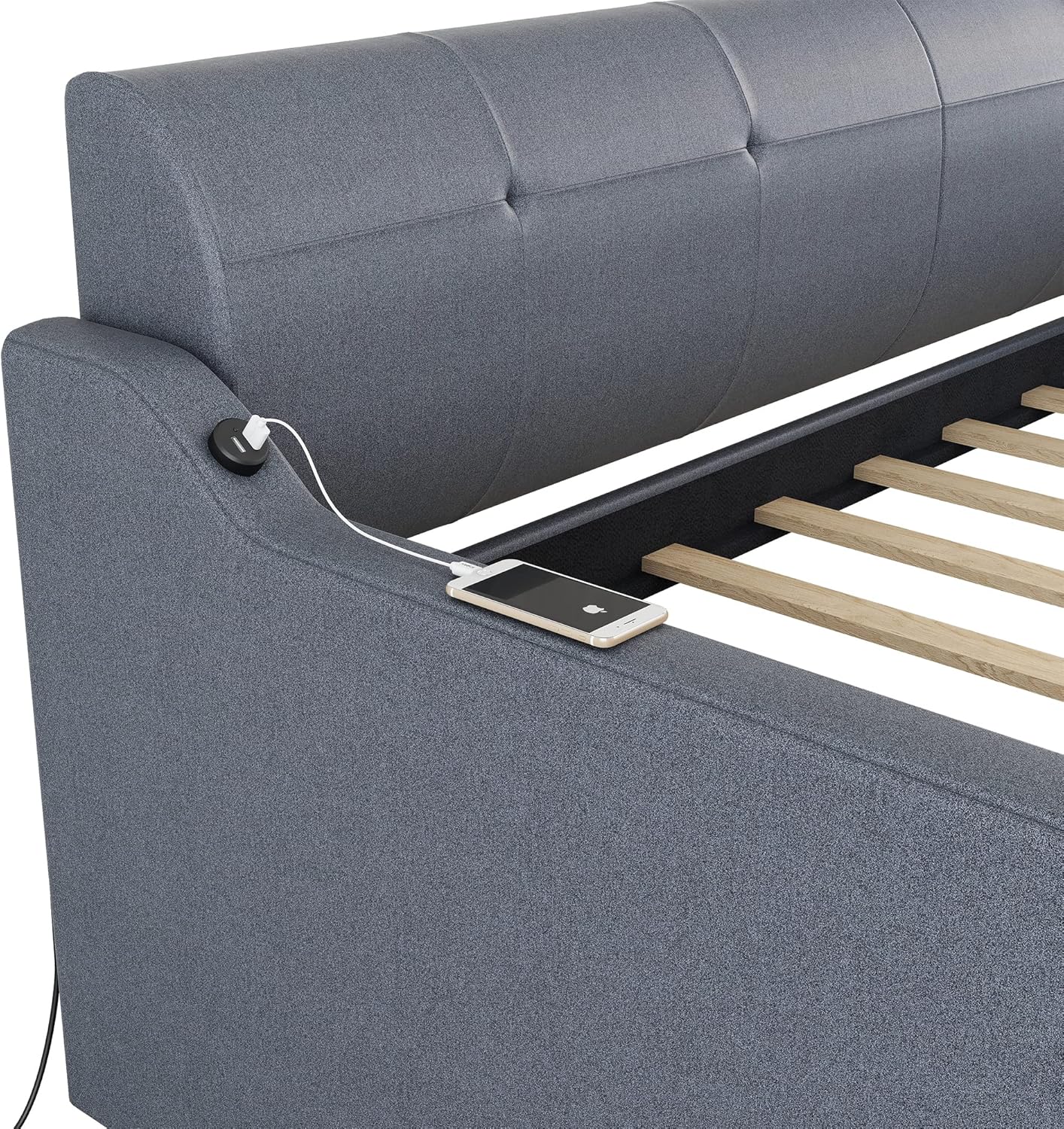 Upholstered Daybed with Trundle and USB Charging, Extendable Sofa Bed Frame A685934