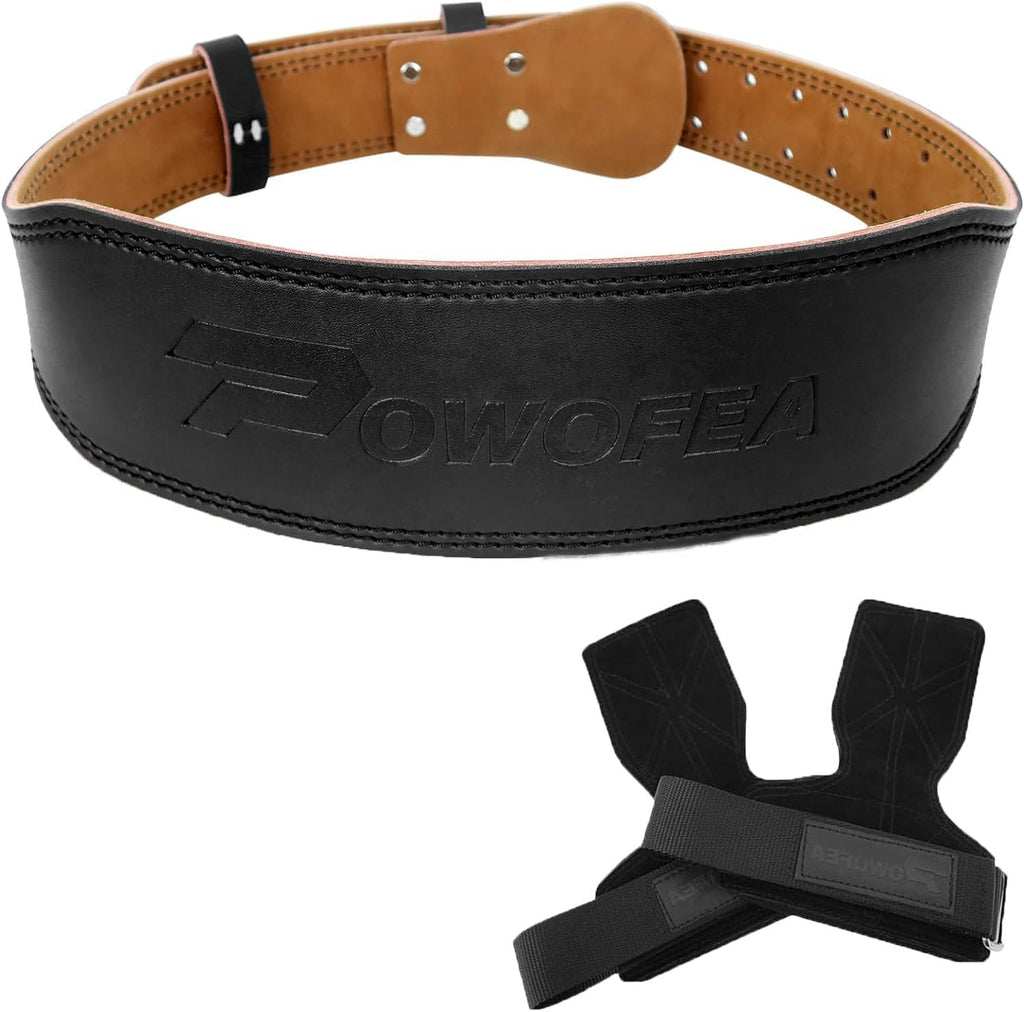 Weight Lifting Belt with Wrist Straps, Durable Leather Gym Belt with Adjustable Buckle, Deadlift Straps with Larger Area Sponge Support for Squats Exercise, Deadlift, Powerlifting Workout, Strength Training for Men and Women