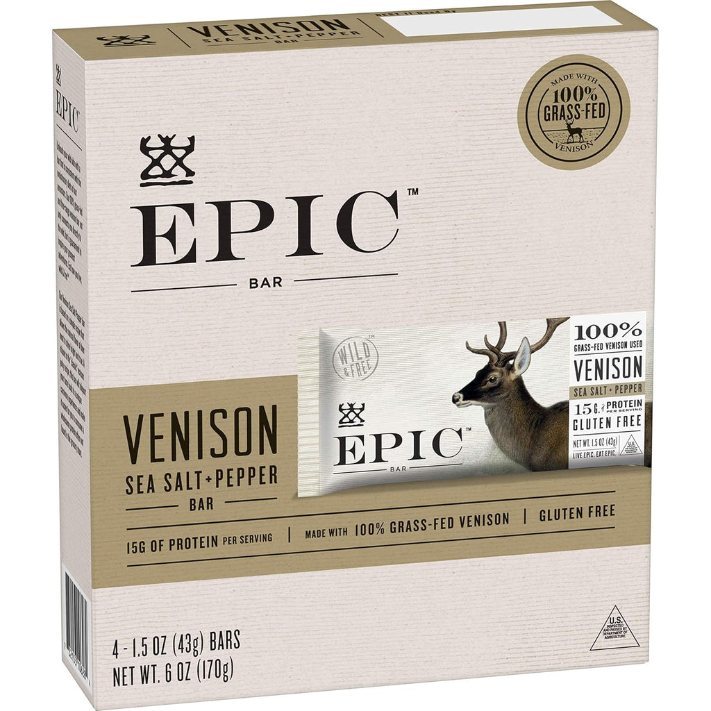 EPIC Venison Sea Salt & Pepper Bars Keto Consumer Friendly, 4ct Box 1.5oz Bars