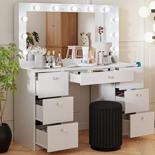 Makeup Vanity Desk with Lights, 7 Drawers, Black Mirror, Power Outlet J554
