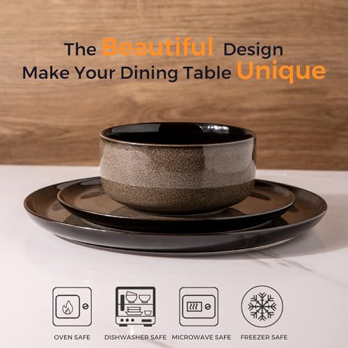 Ceramic Dinnerware Set of 18, Porcelain Plates and Bowls, Reactive Glaze, Oven and Dishwasher Safe I6158