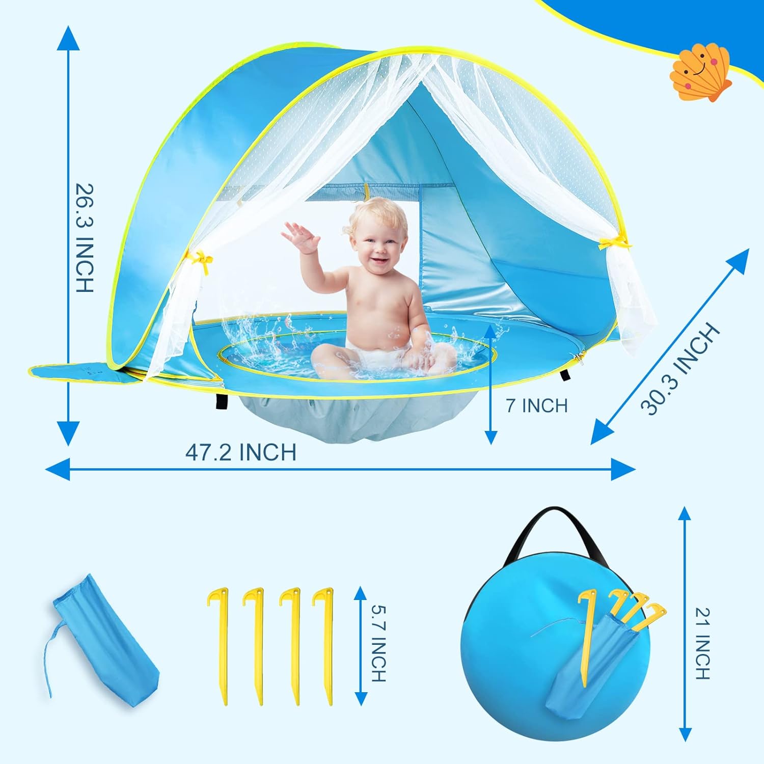 Baby Beach Tent with Canopy, UPF50+ UV Protection, Easy Pop Up Shade Pool for Toddlers S812551