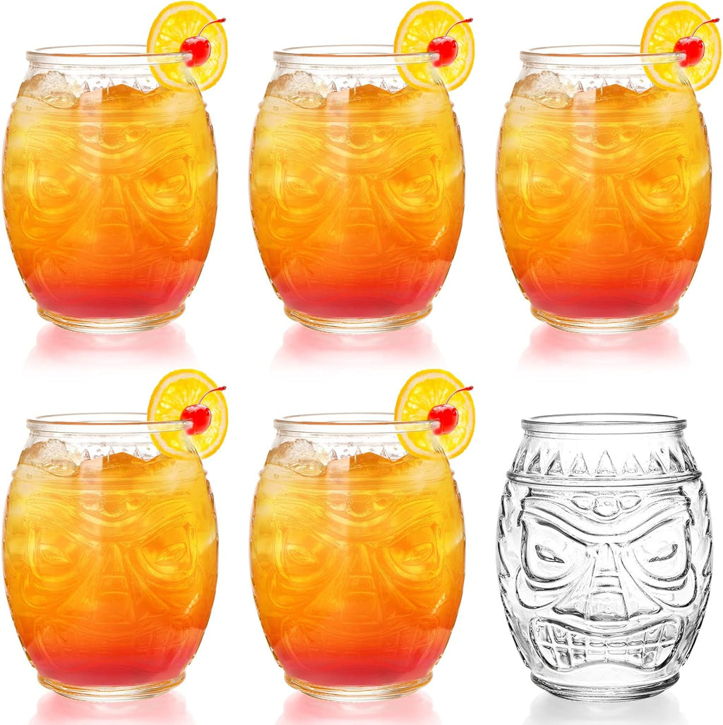TOPZEA 6 Pack Modern Bar Tiki Glass Mug, 16 Oz Clear Tiki Glasses Cups Double Face Old Fashioned Mixed Cocktail Mugs for Mai Tai, Pina Colada, Punch, Hawaiian Luau Party Drinkware