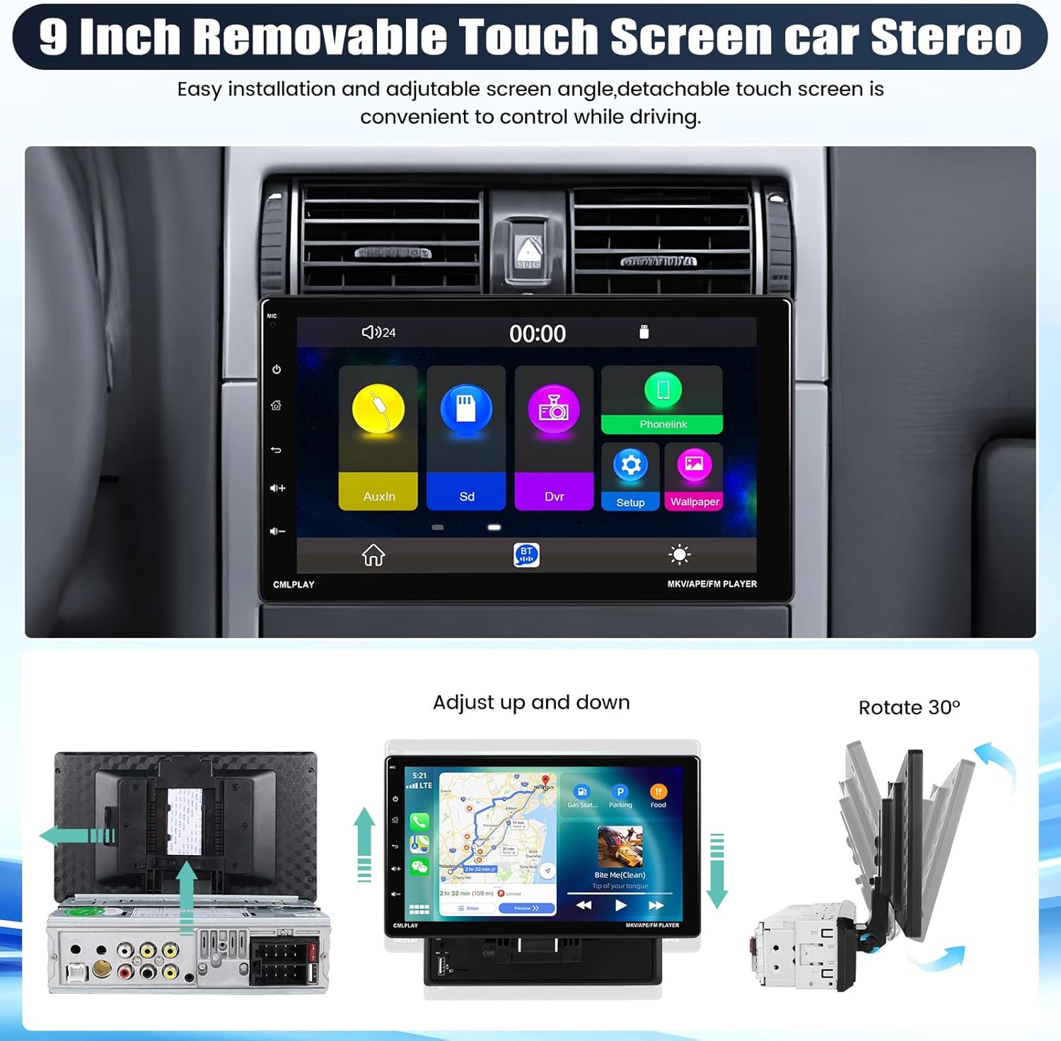 9 Inch Car Stereo with Wireless Carplay and Android Auto, Touchscreen, Bluetooth, Backup Camera O51879
