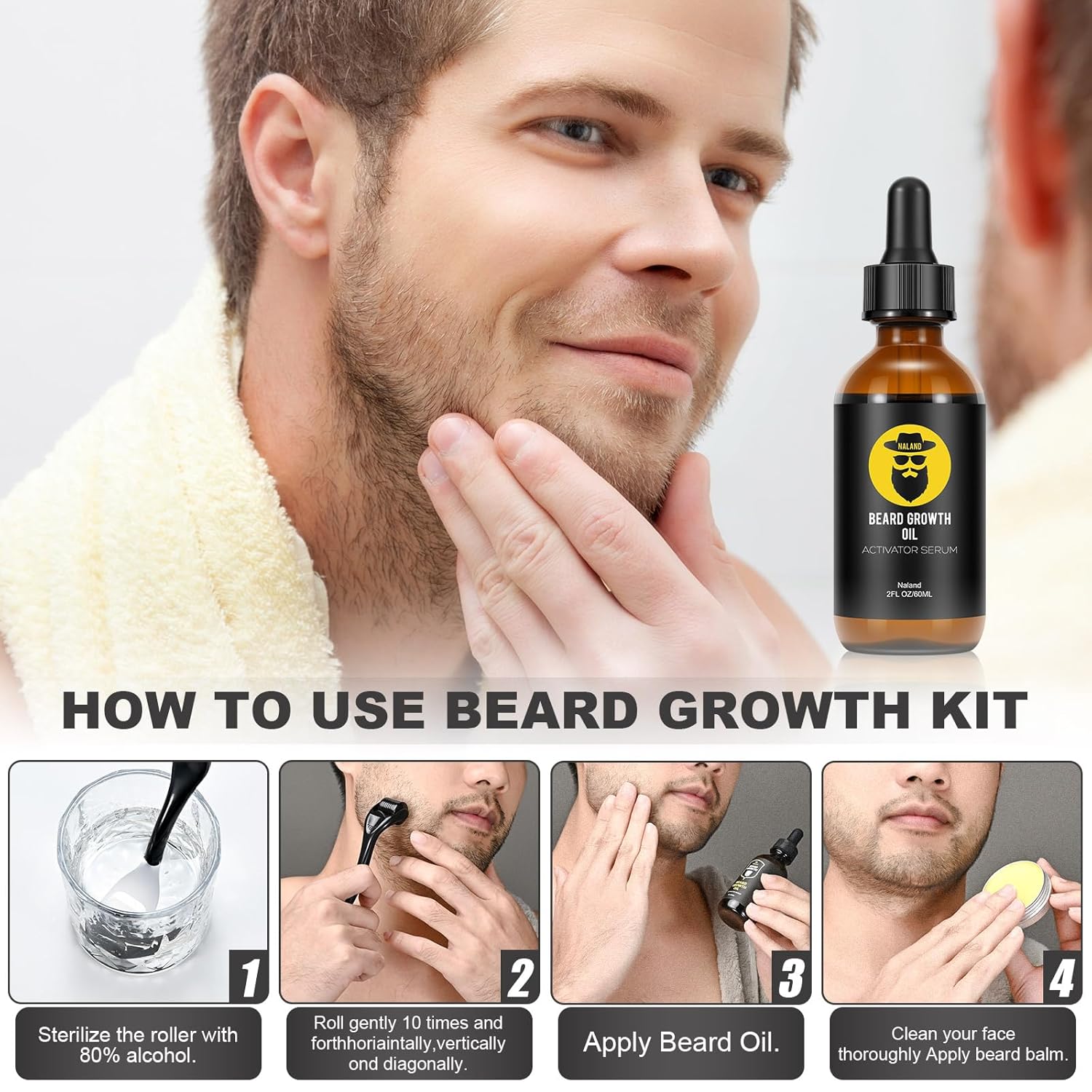 Beard Growth Kit with Oil, Balm and Comb for Men T7175