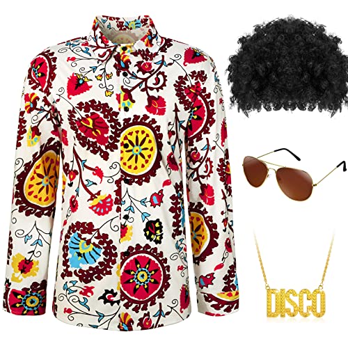 Sintege Mens 70s 80s Disco Costume Set Disco Shiny Shirts Luxury Sequins Long Sleeve Shirts for Carnival Mardi Gras Party