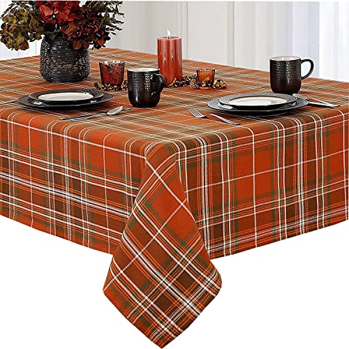 Newbridge Culloden Plaid Fabric Weave Tablecloth, Traditional Bold Rust and Green 100% Cotton Weave Plaid Tablecloth, 70 Inch Round