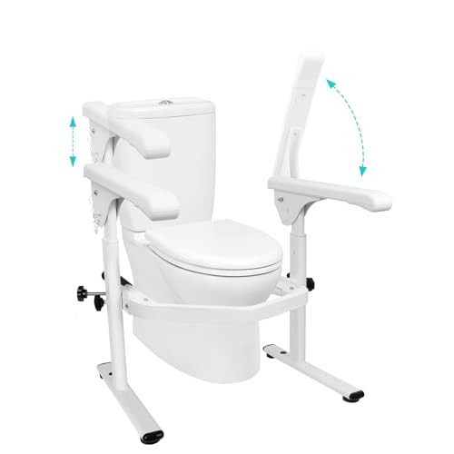 Toilet Safety Rails,Toilet Rails Heavy Duty (520 lbs) Hand Rail,Toilet Seat Riser with Handles,Easy Installation for Handicap Senior Bariatrics, Elderly Balance - Padded Hand Armre (W brown and white)