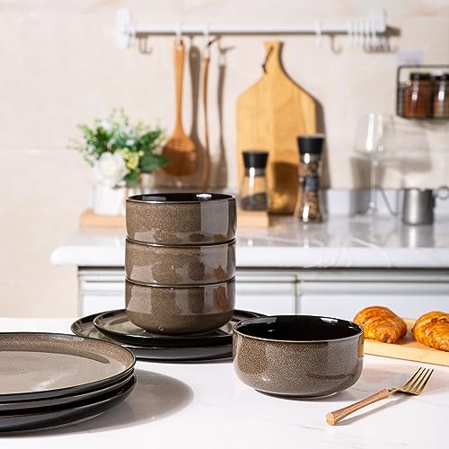 Ceramic Dinnerware Set of 18, Porcelain Plates and Bowls, Reactive Glaze, Oven and Dishwasher Safe I6158