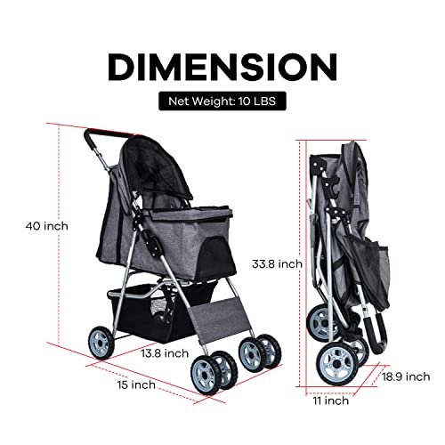 Dog Stroller 4-Wheel Folding Travel Carrier for Small-Medium Dogs and Cats Q7597