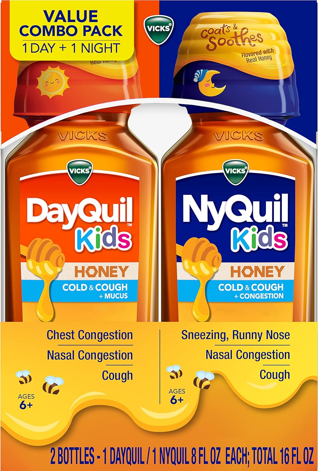 VICKS Kids DayQuil & NyQuil Honey Cold & Cough + Congestion Relief Co-Pack for Nighttime & Daytime Cough & Congestion, Flavored with Real Honey, for Children Ages 6+, 2-8 OZ Bottles