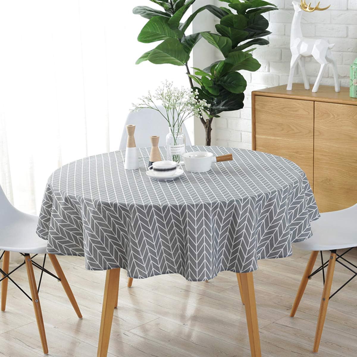 Cotton Linen Tablecloth with Arrow Pattern, Round 60 Inch L1726