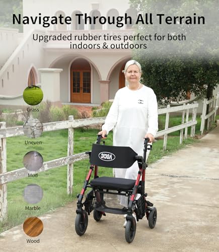 Rollator Walker with Seat, Lightweight Foldable Transport Chair with Brakes W69207