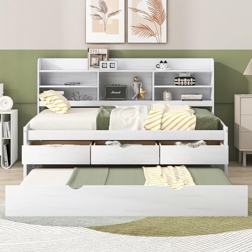 Twin Size Captain Bed with Built-in Bookshelves, Storage Drawers and Trundle A24504