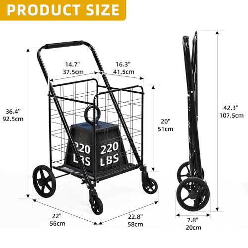 Folding Shopping Cart with Wheels, Portable Grocery Cart for Seniors T5804