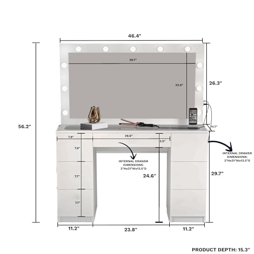 Makeup Vanity Desk with Lights, 7 Drawers, Black Mirror, Power Outlet J554