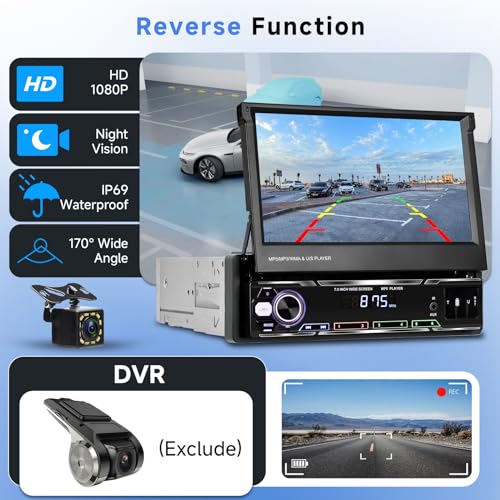 Single Din Car Stereo with Wireless Carplay, 7" Flip Out Touchscreen, Bluetooth, Backup Camera N6782