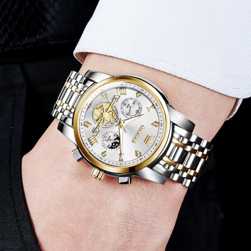Men Skeleton Watch Stainless Steel Analog Quartz Moon Phase P9497