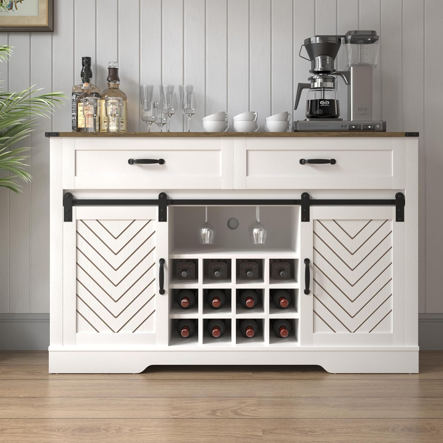 Farmhouse Storage Sideboard Buffet Coffee Bar Cabinet with Sliding Barn Door, 3 Drawers, Wine and Glass Rack - White & Oak