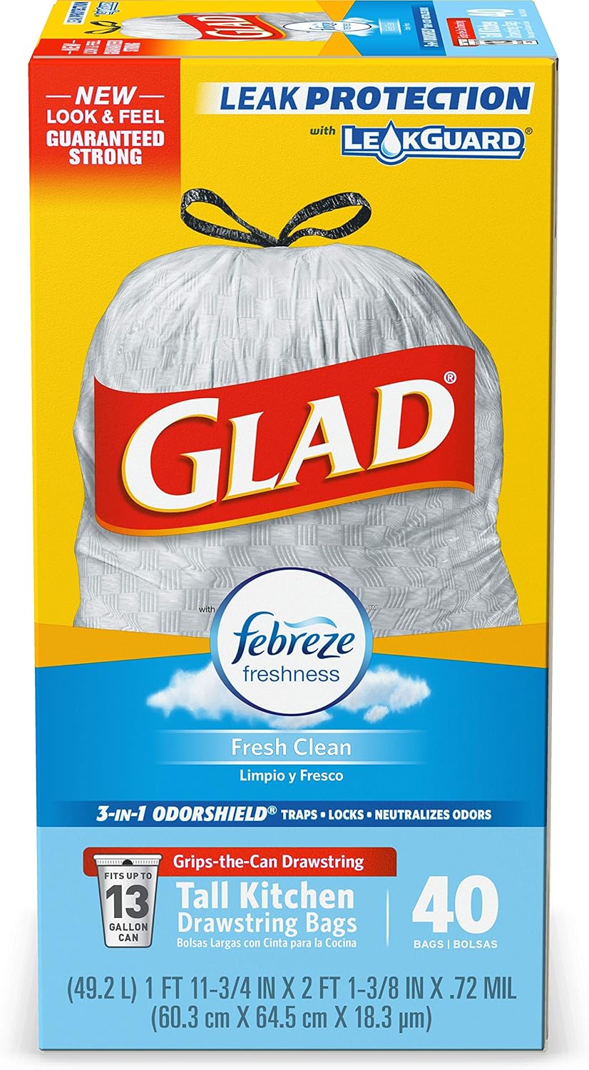 Tall Kitchen Drawstring Trash Bags, Fresh Clean, 13 Gal, 40 Ct D201