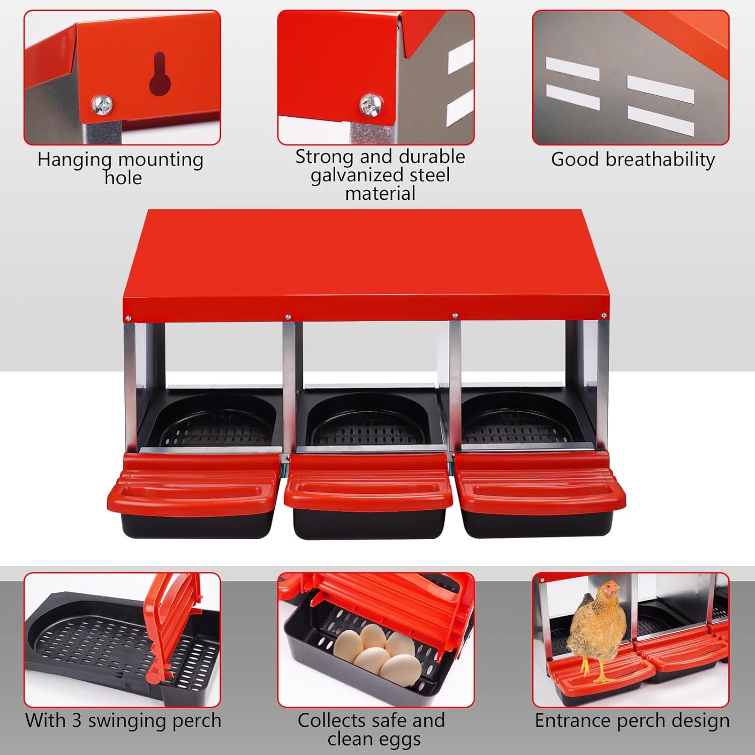 3 Compartment Metal Chicken Nesting Box with Lid Z414232