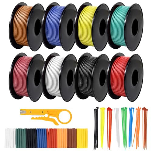 22 AWG Stranded Wire Spool, 50ft Each in 8 Colors - Silicone Electrical Tinned Copper Wire 22 Gauge Flexible Hook Up Wire Kit for DIY, Automotive, Home, and Power Wiring