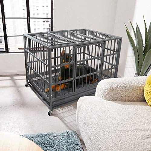 48 Inch Heavy Duty Dog Crate with Wheels, Double Door and Removable Tray R8437