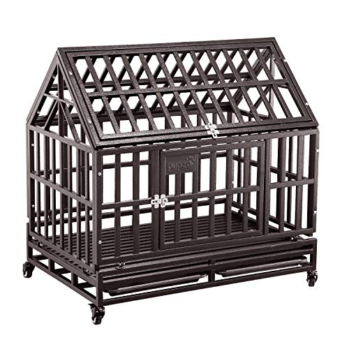 PUPZO Dog Cage Crate Kennel Heavy Duty Tear Resistant Square Tube with Four Wheels for Large Dogs Easy to Install (38 inch roof, Brown)